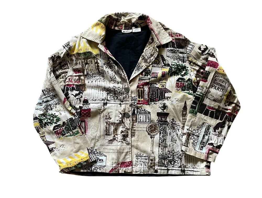 Vintage Units Postcard Novelty Artsy Jacket Large Cotton Graphic Patchwork
